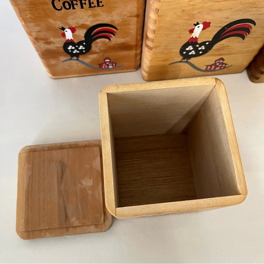 Vintage Wood Hand Painted Rooster Canister Set of 4